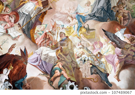 Last Judgment and Glorification of the Benedictine Order, detail of fresco by Matthaus Gunther in Benedictine monastery church in Amorbach, Germany 107489067