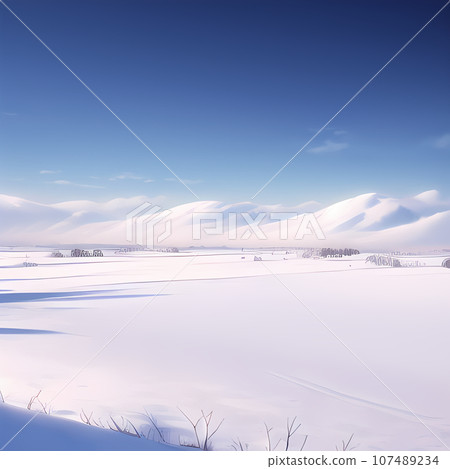 An illustration depicting a landscape with a blanket of snow, snowy mountains, and a deep blue sky. An illustration depicting a landscape with a blanket of snow, snowy mountains, and a deep blue sky. 107489234