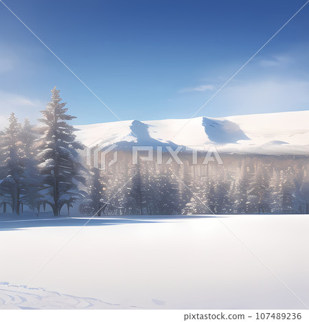 描繪雪景、藍天和樹木的插圖。 描繪雪景、藍天和樹木的插圖。 107489236