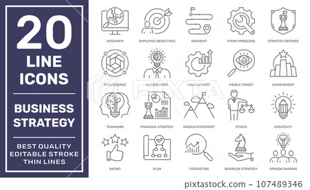 Business Strategy and Management icons set. Thin Line Set contains Vision, Mission, Values, Strategy, Rating, Human Resource, Roadmap, Experience and more. Editable Stroke. EPS 10 107489346