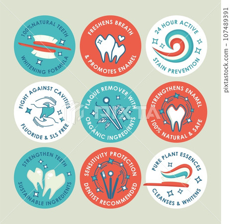 Round sticker set for toothpaste package design Round sticker set for toothpaste package design 107489391
