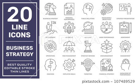 Business Strategy Line Icons Set. Creative business solutions related icon set. Innovation team management. Editable stroke. EPS 10 Business Strategy Line Icons Set. Creative business solutions related icon set. Innovation team management. Editable stroke. EPS 10 107489529