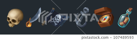 Pirate game ui icon element with map and skull Pirate game ui icon element with map and skull 107489593