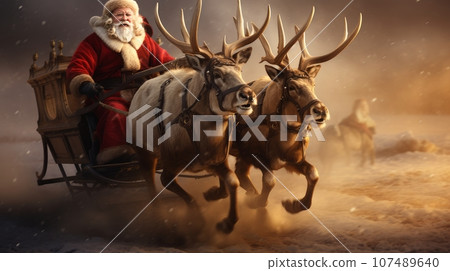 Santa Claus in sleigh with reindeer. Merry Christmas and Happy New Year concept. 107489640
