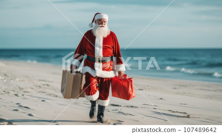 Santa Claus walks along the ocean shore with a bag of gifts. Merry Christmas and Happy New Year Santa Claus walks along the ocean shore with a bag of gifts. Merry Christmas and Happy New Year 107489642