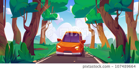 Red car driving along asphalt road in forest. 107489664