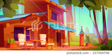 Wooden house with terrace in forest. Wooden house with terrace in forest. 107489706