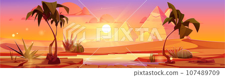 Desert sunset sky above nile river and palm tree 107489709