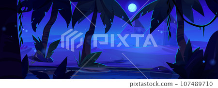 Egyptian desert landscape with oasis at night 107489710