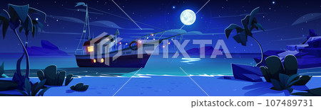 Fishing boat floating in night sea 107489731