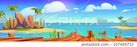 Old wooden pier on sunny beach 107489732