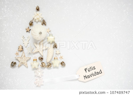 Christmas Tree Out Of Christmas Decoration With Label With Text Feliz Navidad Christmas Tree Out Of Christmas Decoration With Label With Text Feliz Navidad 107489747