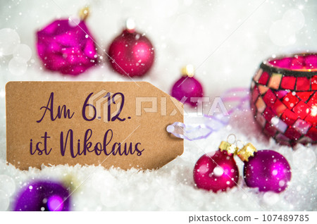 Label German Text Nikolaus, Means Happy Nikolaus, Snow, Purple Christmas Decor 107489785