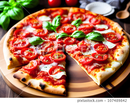 Pizza with mozzarella, tomatoes and basil on wooden table. Generative Ai. 107489842