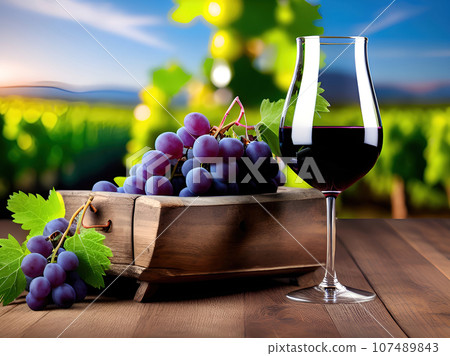 Red wine in a wine glass and ripe grapes on a wooden table. Generative Ai. 107489843