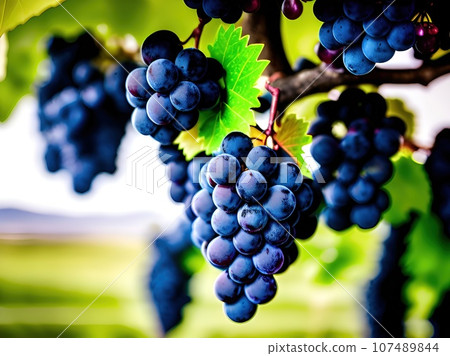 Bunch of red wine grapes in vineyard. Close up. Generative Ai. 107489844