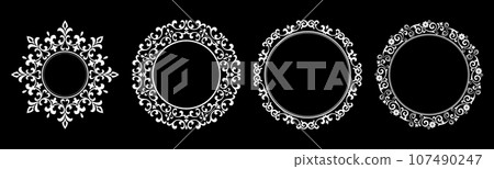Set of decorative frames Elegant vector element for design in Eastern style, place for text. Floral black and white borders. Lace illustration for invitations and greeting cards. Set of decorative frames Elegant vector element for design in Eastern style, place for text. Floral black and white borders. Lace illustration for invitations and greeting cards. 107490247