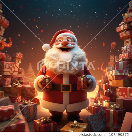 3D Cartoon Santa Claus with Magic Light and Gifts  107490275