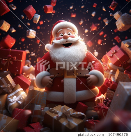 3D Cartoon Santa Claus with Magic Light and Gifts  107490276