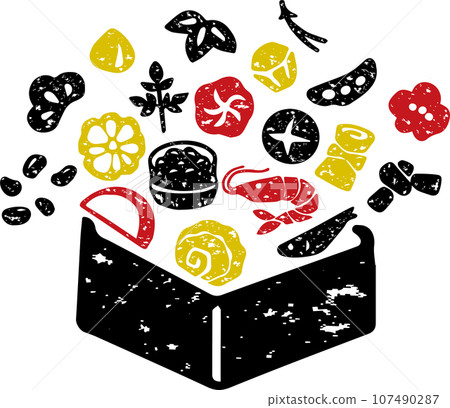 Osechi cuisine New Year print stamp silhouette hand drawn Japan Japanese food illustration material set 107490287