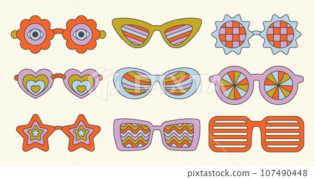 Groovy vector sunglasses. Retro hippy eyewear. Heart star and flower-shaped glasses. 70s funky design. Set of summer outfit Groovy vector sunglasses. Retro hippy eyewear. Heart star and flower-shaped glasses. 70s funky design. Set of summer outfit 107490448