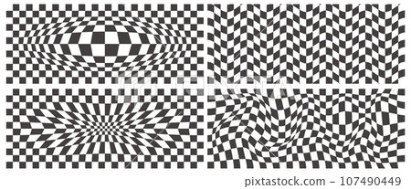 Checkerboard wavy pattern. Abstract chess square print. Black and white psychedelic optical illusion. Warped flag with geometric graphic. Y2k design for banner Checkerboard wavy pattern. Abstract chess square print. Black and white psychedelic optical illusion. Warped flag with geometric graphic. Y2k design for banner 107490449
