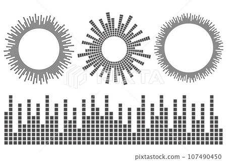 Circle sound wave. Audio music equalizer. Round circular icons set. Spectrum radial pattern and frequency line. Vector design Circle sound wave. Audio music equalizer. Round circular icons set. Spectrum radial pattern and frequency line. Vector design 107490450