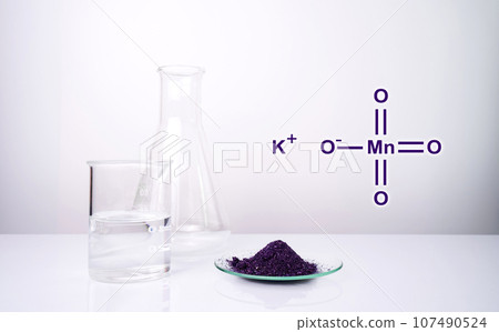 Potassium permanganate (KMnO4) with chemical structure , a common chemical compound that combines manganese oxide ore with potassium hydroxide. Potassium permanganate (KMnO4) with chemical structure , a common chemical compound that combines manganese oxide ore with potassium hydroxide. 107490524