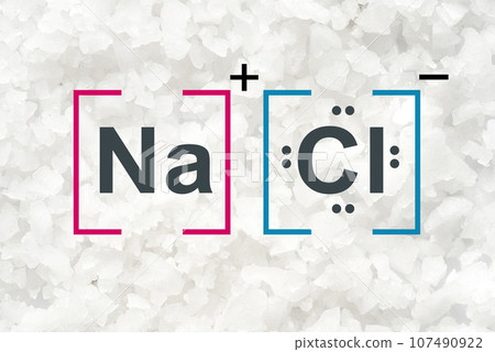 Flake salt on white laboratory table with molecular structure. Top View 107490922