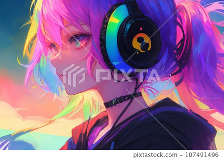 Chill in Lofi Style: Anime Girl with Rainbow Hair Grooving to Hip Hop Beats. Generative AI. 107491496