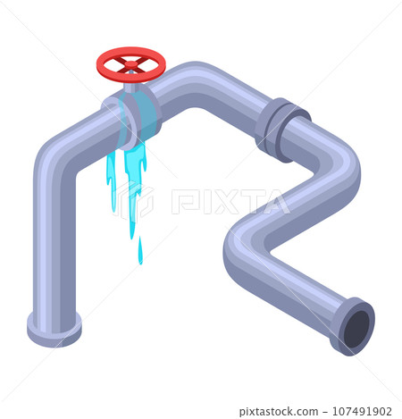 Leaking pipes isometric. Broken pipe tube with leaking water. Plumbing construction pipeline with damage element. 3d industrial water system Leaking pipes isometric. Broken pipe tube with leaking water. Plumbing construction pipeline with damage element. 3d industrial water system 107491902