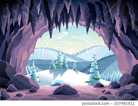 Cave landscape. Winter nature scene of cave entrance. Prehistoric dungeon, rock cavern game illustration. Vector illustration of tunnel in mountain or mine in rocks 107491912
