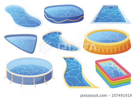 Swimming pool set. Isometric home pool icons in different forms for web design isolated on white background. Vector illustration Swimming pool set. Isometric home pool icons in different forms for web design isolated on white background. Vector illustration 107491919