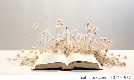 A book with white flowers bursting out of it. The book is open on a white surface, and the background is light grey. The flowers are small and delicate, and they create a contrast with the text on the 107491977