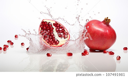 Isolate Juicy pomegranate with splashing water on white background Isolate Juicy pomegranate with splashing water on white background 107491981