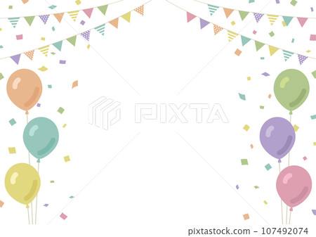 花圈、氣球和五彩紙屑框架材料，暗色，白色背景 107492074