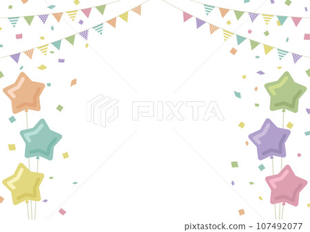 星形氣球、花環和五彩紙屑的框架材料，暗色，白色背景 107492077