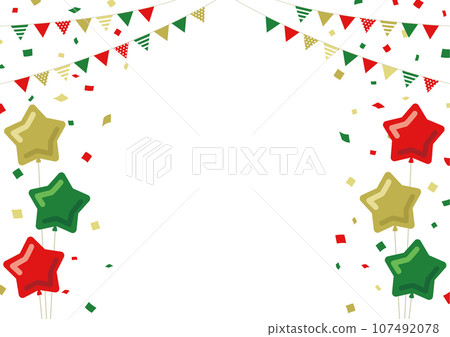 星形氣球、花圈和五彩紙屑的框架材料，聖誕色，白色背景 107492078
