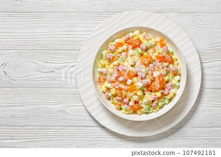 Ambrosia Salad in white bowl, top view Ambrosia Salad in white bowl, top view 107492181