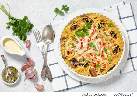 Chicken Pasta Bake with mushrooms, cheese, cream Chicken Pasta Bake with mushrooms, cheese, cream 107492184