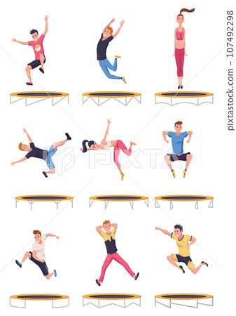 Kids jumping on trampoline icon set. Child activities design element. Indoor or outdoor fun, fitness jumping. Equipment acrobatic and gymnastic exercises. Vector illustration Kids jumping on trampoline icon set. Child activities design element. Indoor or outdoor fun, fitness jumping. Equipment acrobatic and gymnastic exercises. Vector illustration 107492298