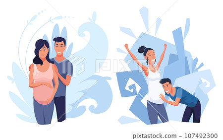 Pregnant couple on abstract background. Young pregnant woman with husband. Concept illustration for design about pregnancy, motherhood, parenthood. Flat cartoon style, vector illustration Pregnant couple on abstract background. Young pregnant woman with husband. Concept illustration for design about pregnancy, motherhood, parenthood. Flat cartoon style, vector illustration 107492300
