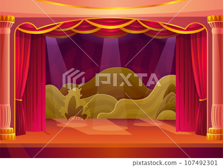Theater stage with red curtains and spotlights. Theatre interior with empty wooden scene, luxury drapes and decoration with bushes. Vector cartoon illustration Theater stage with red curtains and spotlights. Theatre interior with empty wooden scene, luxury drapes and decoration with bushes. Vector cartoon illustration 107492301