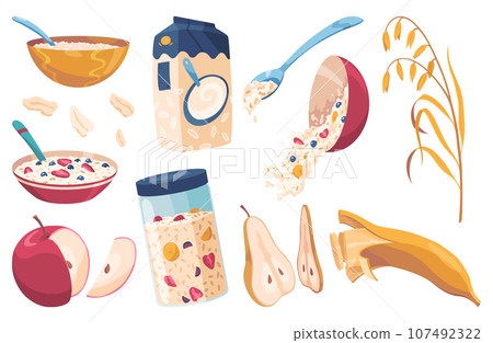 Oatmeal breakfast porridge, oat flakes in box, bowl with fruit and berries in milk, jar of granola icons. Healthy cereal breakfast with fruit. Vector illustration isolated on white background 107492322