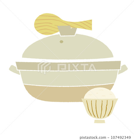 手繪風格向量圖的陶罐，蓋子上放著飯勺，碗裡放著米飯 107492349