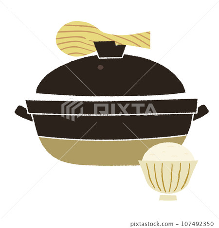 手繪風格向量圖的陶罐，蓋子上放著飯勺，碗裡放著米飯 107492350