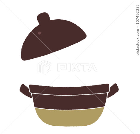 Hand-drawn style vector illustration of a small clay pot/rice pot with an open lid 107492353