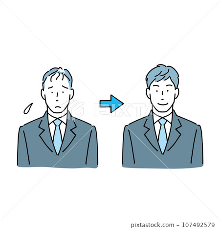 A man who is worried about thinning hair and a man who is happy to have his hair resolved 107492579