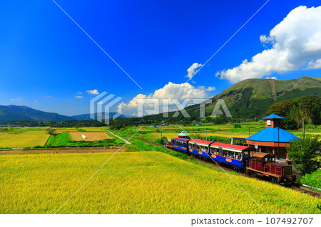 [Kumamoto Prefecture] Minami Aso Railway trolley train and Mt. Aso on a sunny day (Hakusui Kogen Station) 107492707