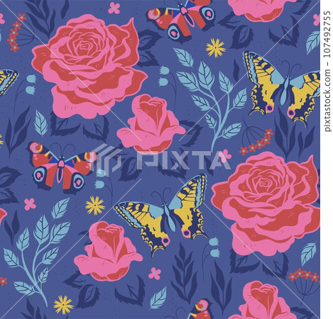 Seamless pattern with flowers and butterflies.... - Stock Illustration ...